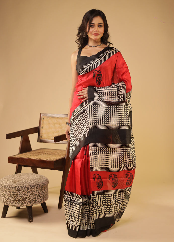 Red Printed Pure Silk Saree Without Blouse Piece
