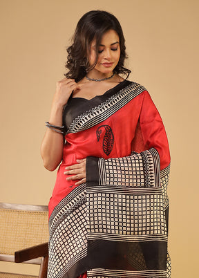 Red Printed Pure Silk Saree Without Blouse Piece