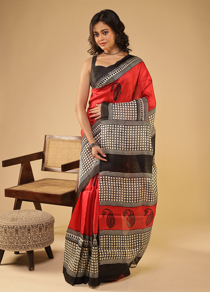 Red Printed Pure Silk Saree Without Blouse Piece