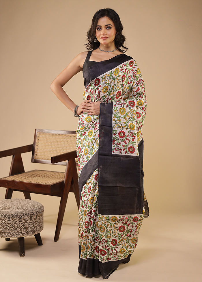 Cream Printed Pure Silk Saree Without Blouse Piece