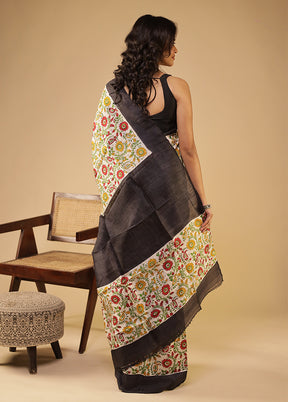 Cream Printed Pure Silk Saree Without Blouse Piece