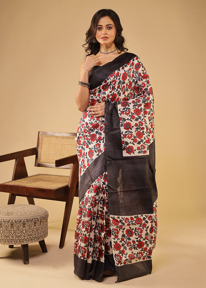 Cream Printed Pure Silk Saree Without Blouse Piece
