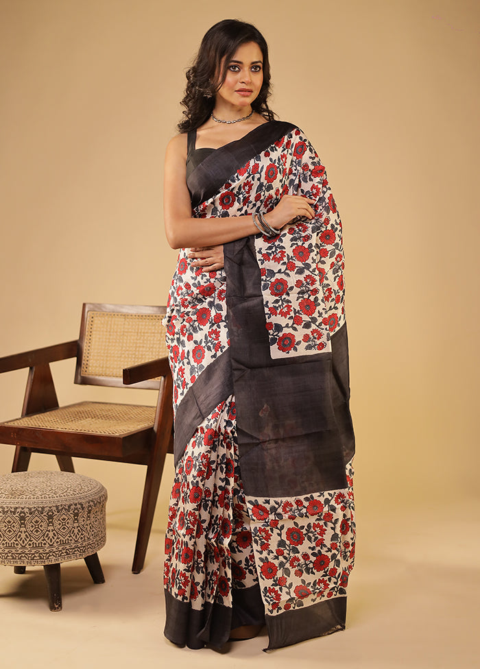 Cream Printed Pure Silk Saree Without Blouse Piece
