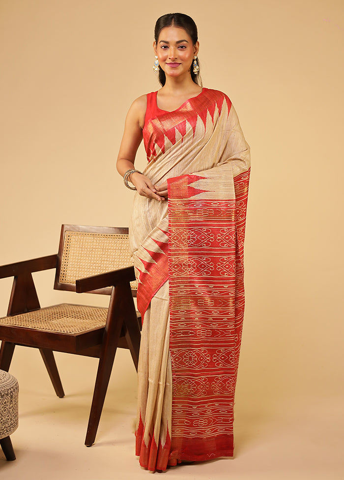 Cream Tussar Silk Saree With Blouse Piece