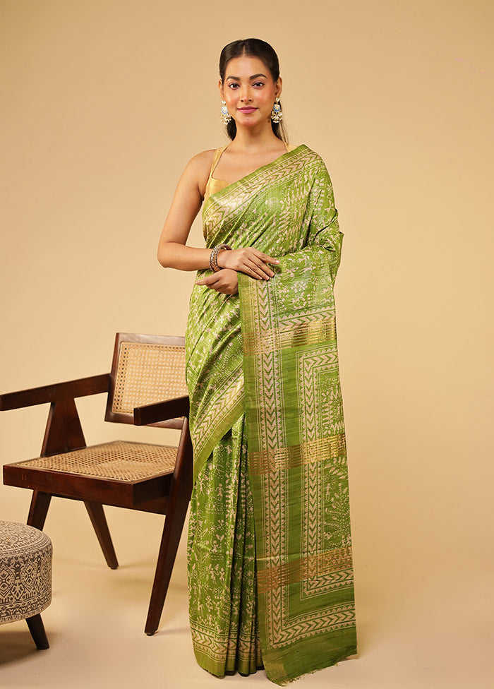 Green Tussar Silk Saree With Blouse Piece