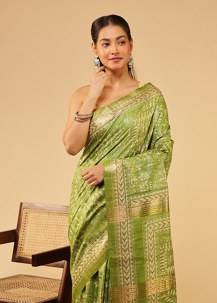 Green Tussar Silk Saree With Blouse Piece