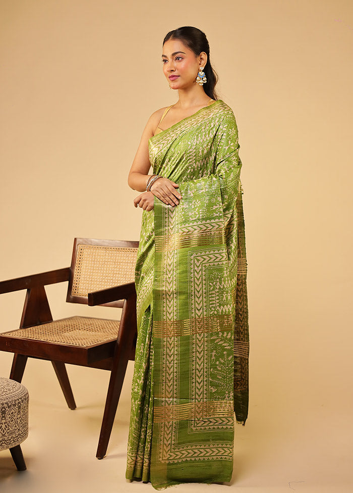 Green Tussar Silk Saree With Blouse Piece