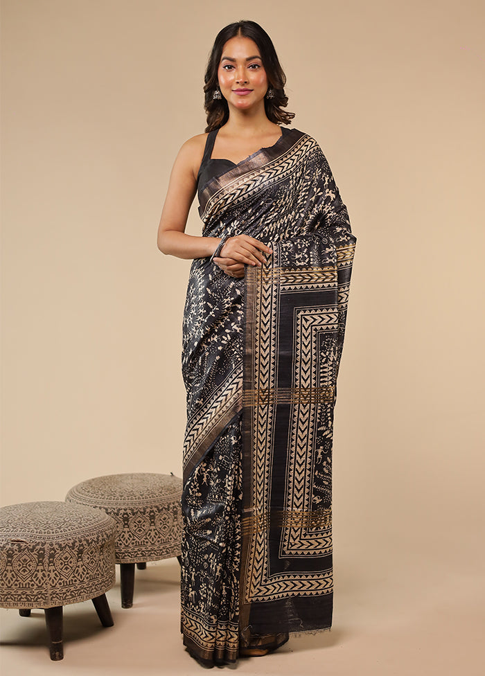 Black Tussar Silk Saree With Blouse Piece