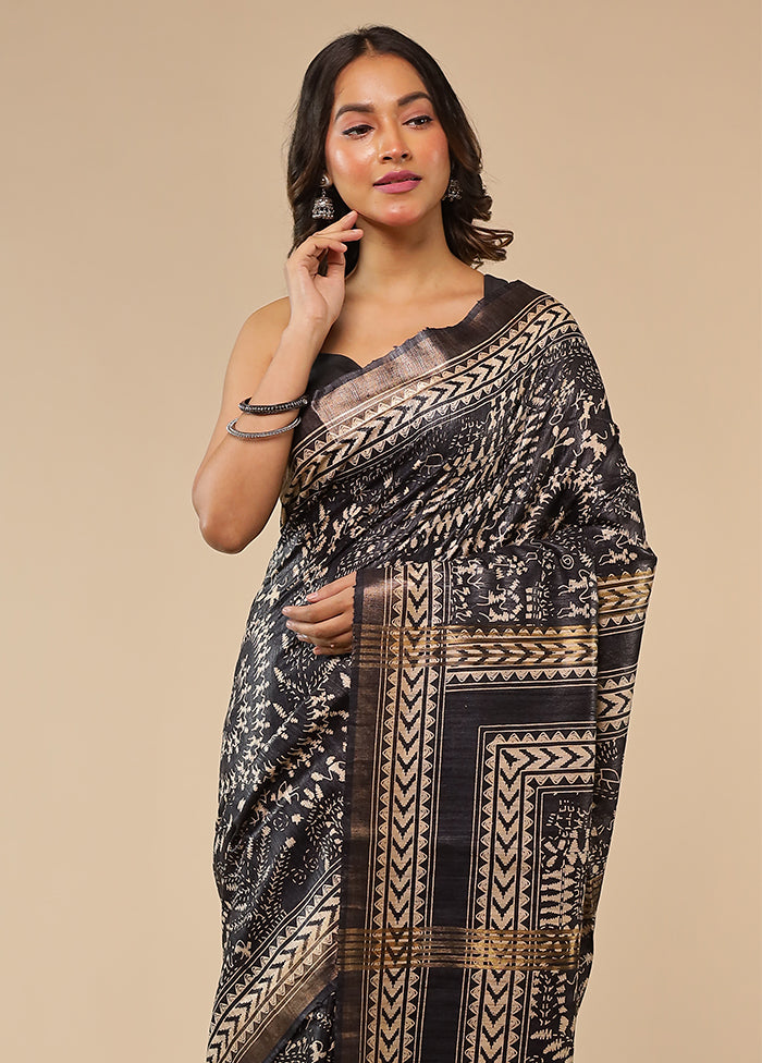 Black Tussar Silk Saree With Blouse Piece