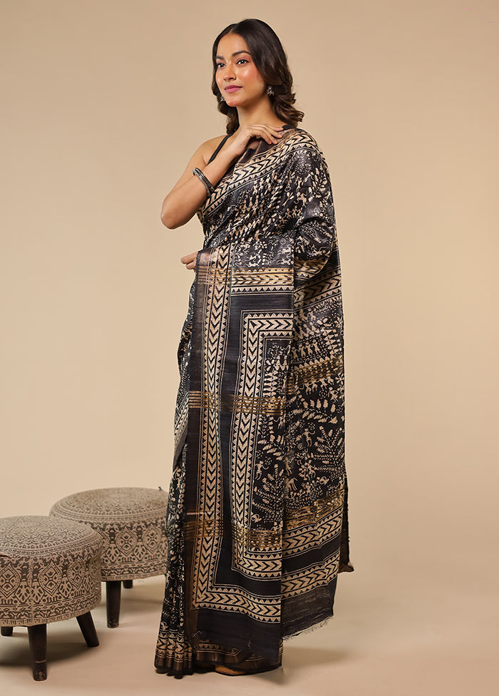 Black Tussar Silk Saree With Blouse Piece