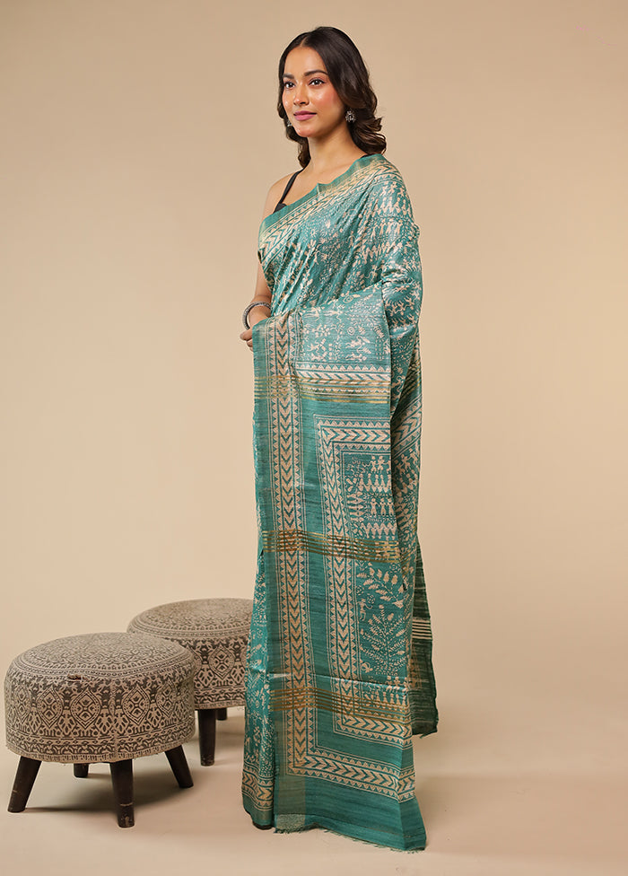 Green Tussar Silk Saree With Blouse Piece