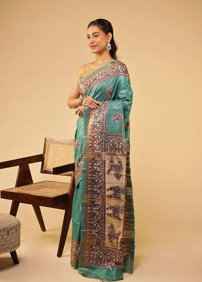 Green Tussar Silk Saree With Blouse Piece
