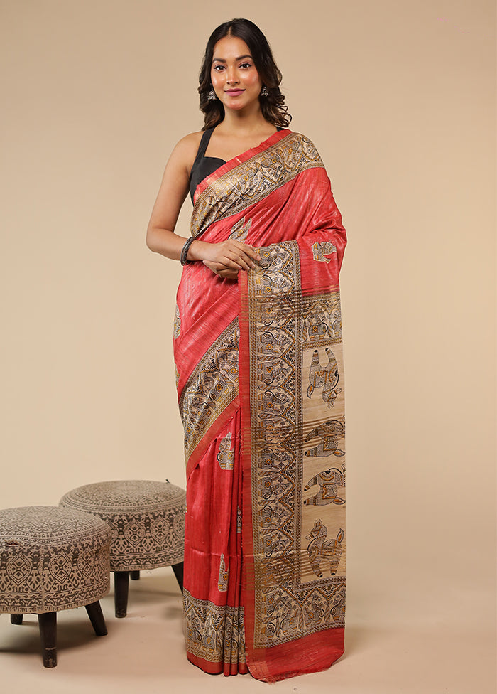 Red Tussar Silk Saree With Blouse Piece