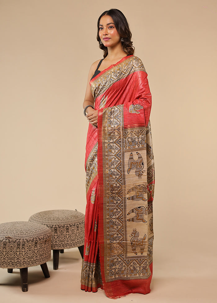 Red Tussar Silk Saree With Blouse Piece