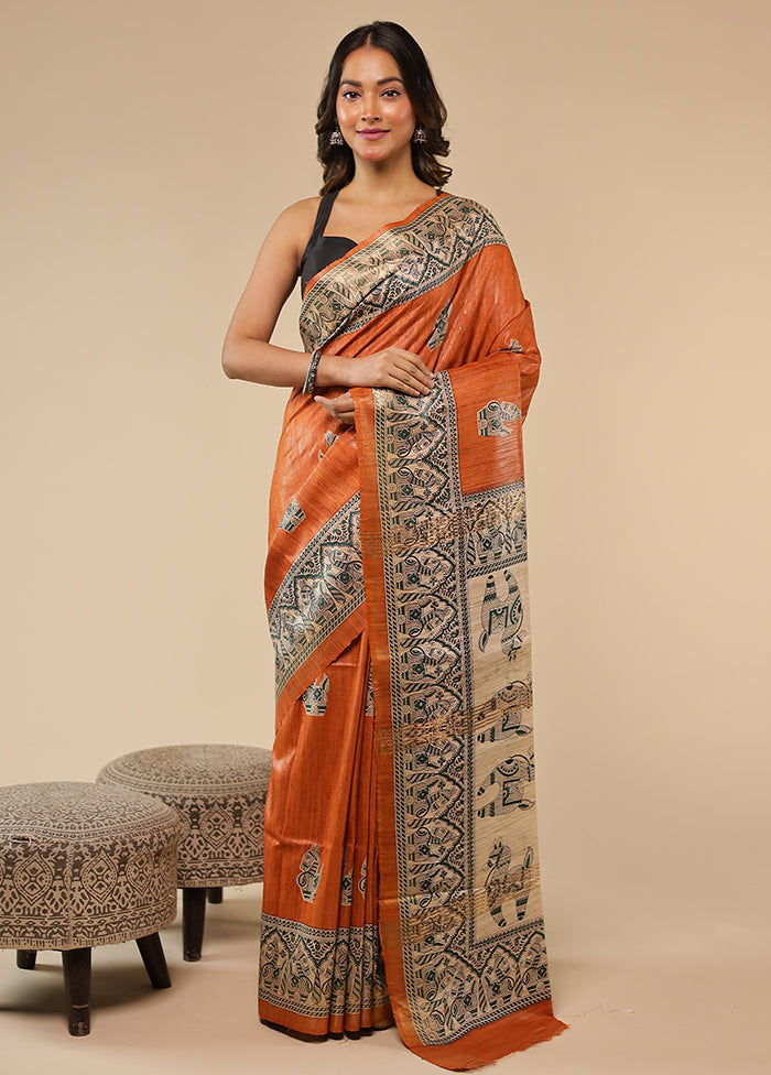 Brown Tussar Silk Saree With Blouse Piece