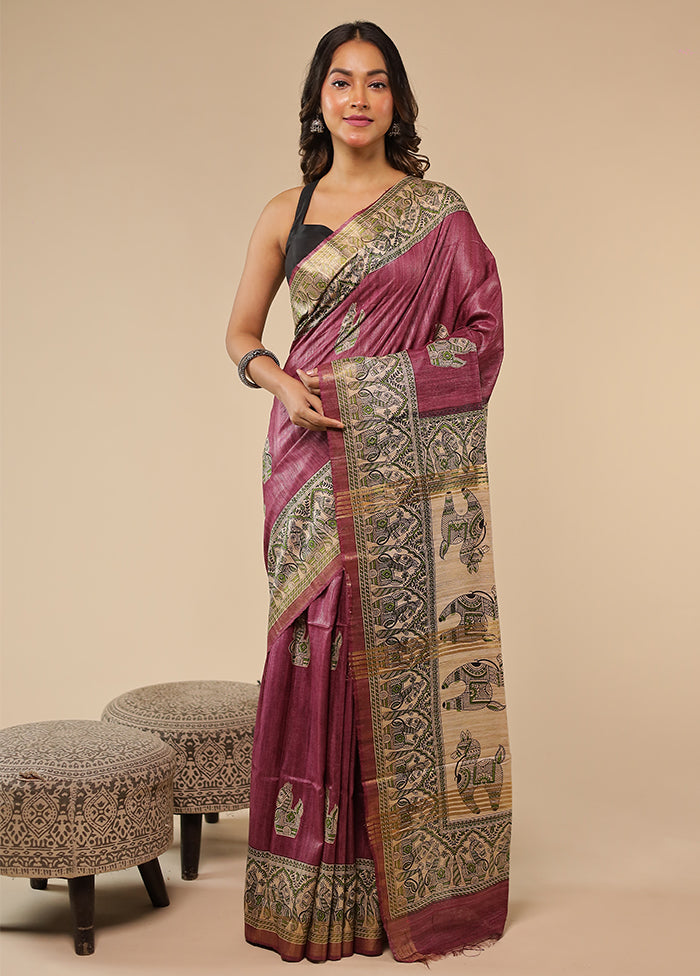Purple Tussar Silk Saree With Blouse Piece