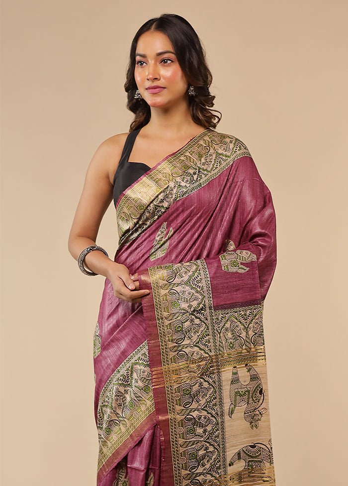 Purple Tussar Silk Saree With Blouse Piece