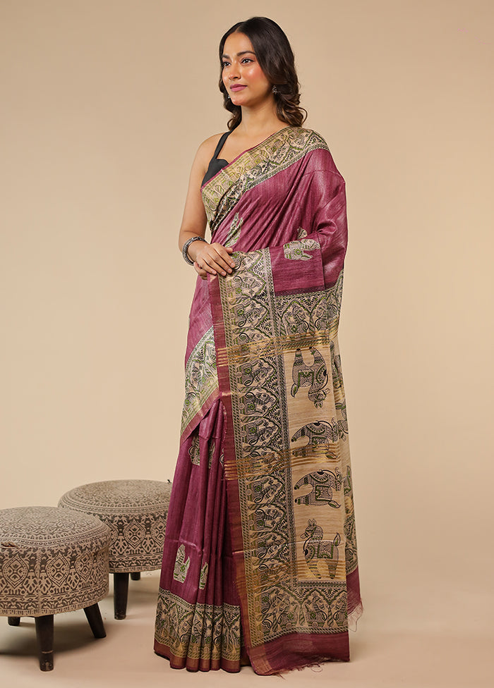 Purple Tussar Silk Saree With Blouse Piece