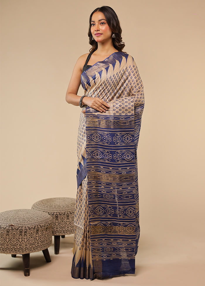 Cream Tussar Silk Saree With Blouse Piece