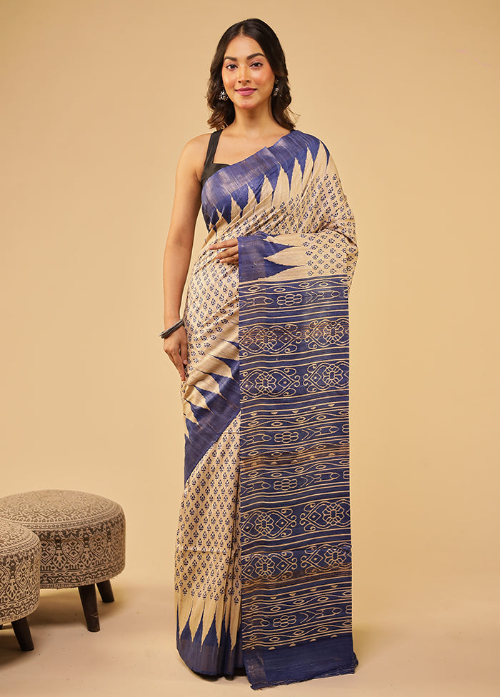 Cream Tussar Silk Saree With Blouse Piece