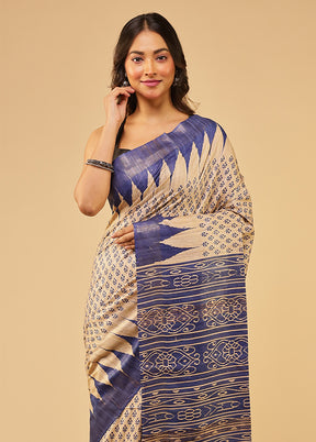 Cream Tussar Silk Saree With Blouse Piece