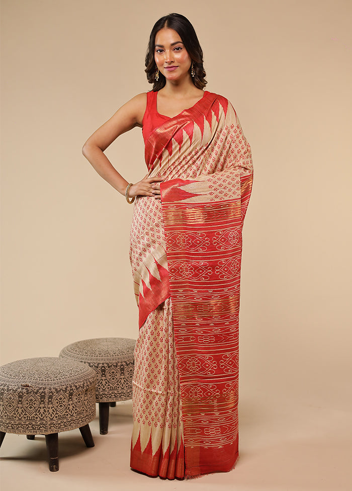 Cream Tussar Silk Saree With Blouse Piece