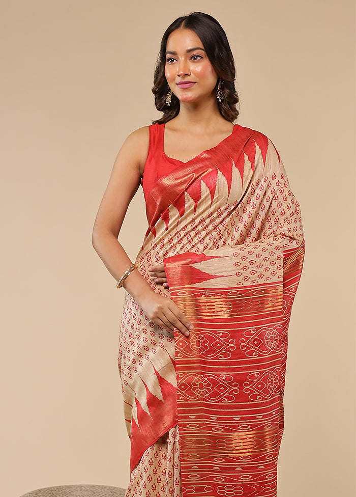 Cream Tussar Silk Saree With Blouse Piece