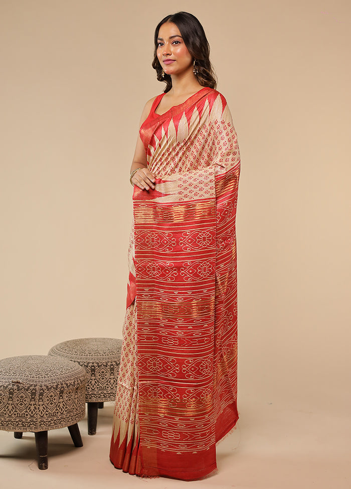 Cream Tussar Silk Saree With Blouse Piece