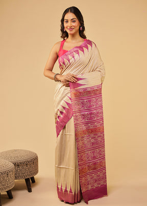 Cream Tussar Silk Saree With Blouse Piece