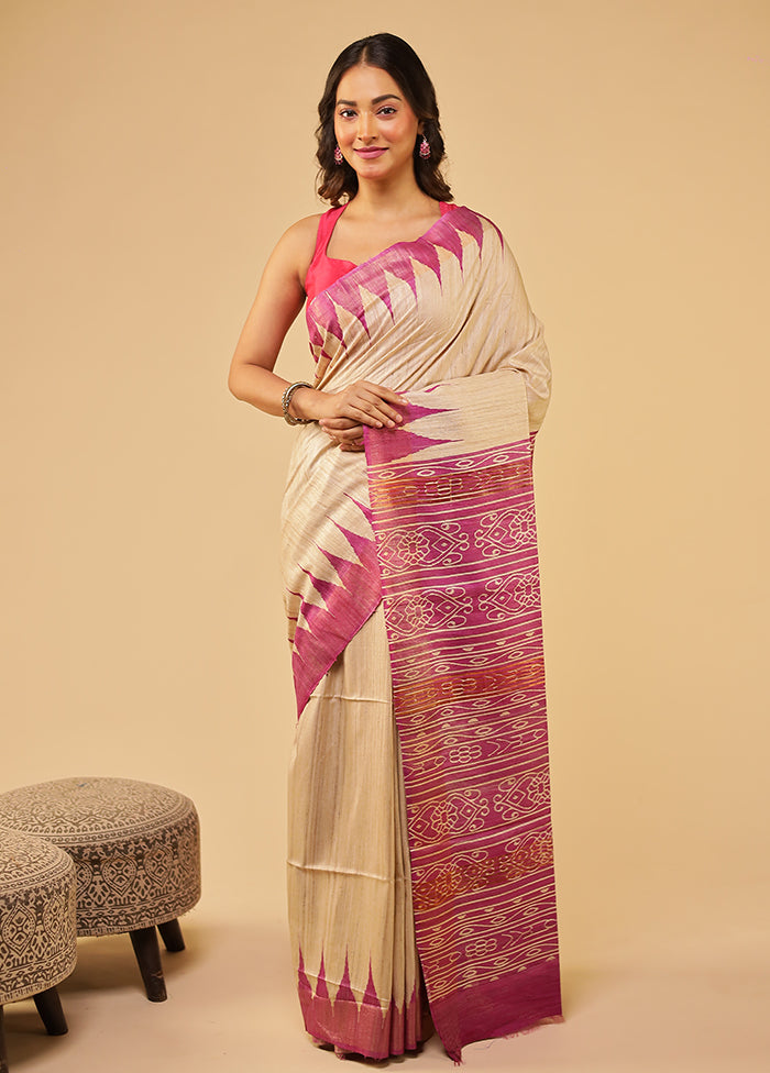 Cream Tussar Silk Saree With Blouse Piece