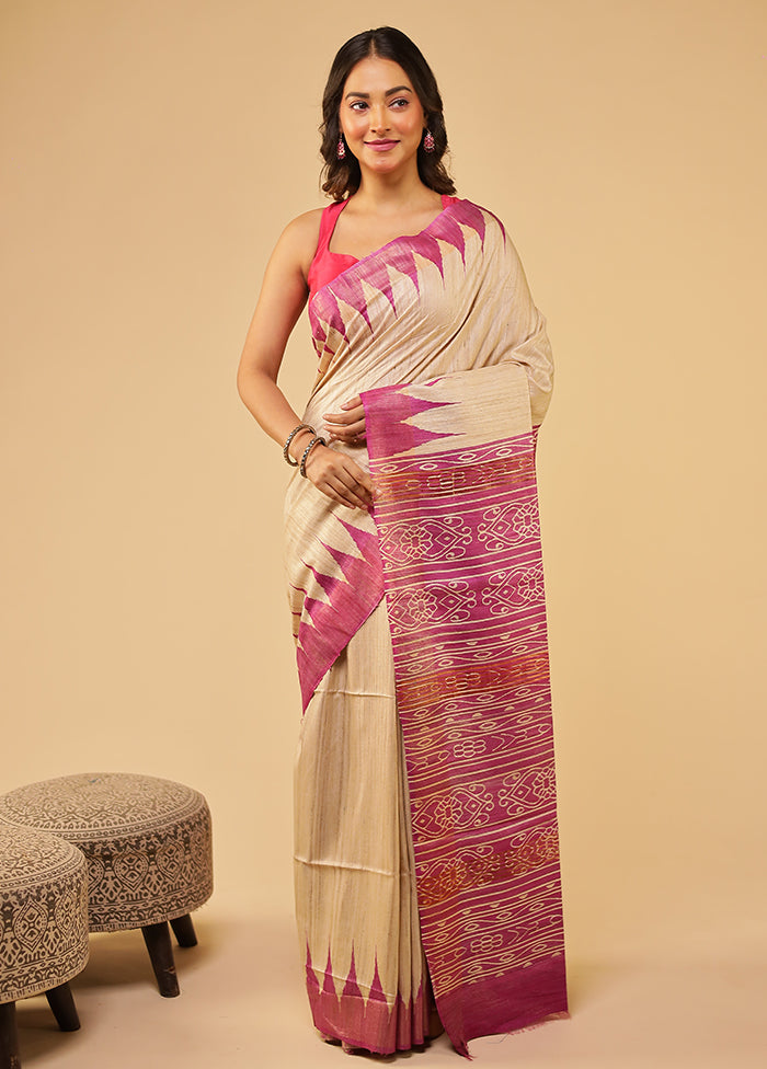 Cream Tussar Silk Saree With Blouse Piece