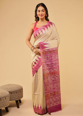 Cream Tussar Silk Saree With Blouse Piece