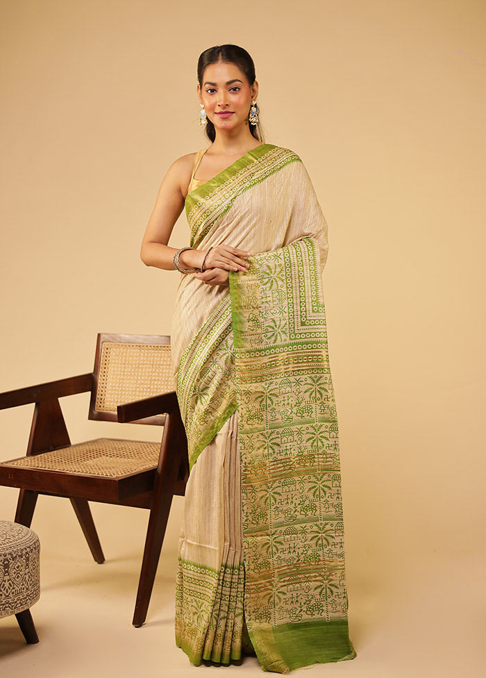 Cream Tussar Silk Saree With Blouse Piece