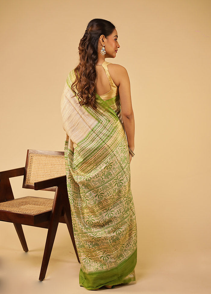 Cream Tussar Silk Saree With Blouse Piece