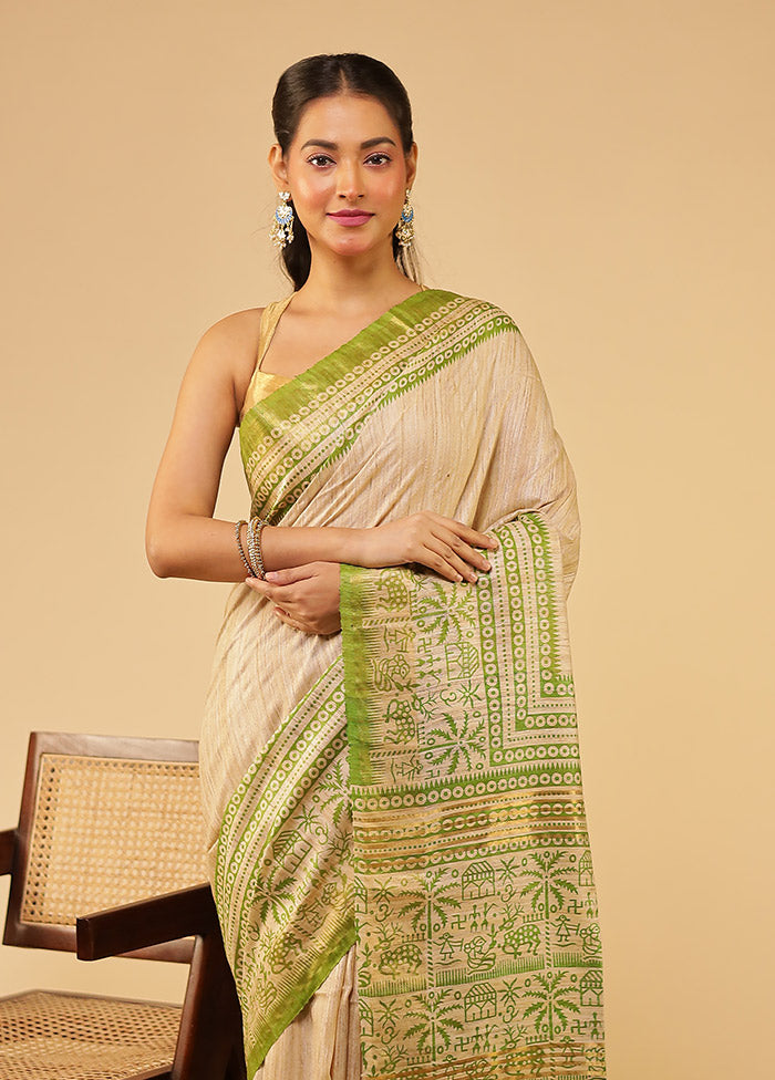 Cream Tussar Silk Saree With Blouse Piece