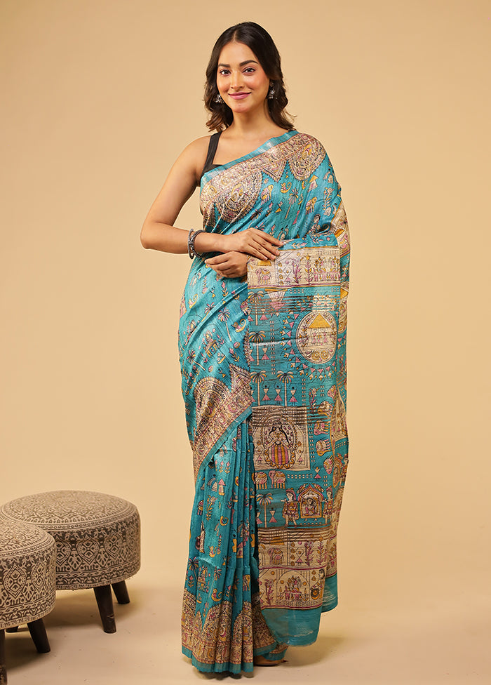 Blue Tussar Silk Saree With Blouse Piece