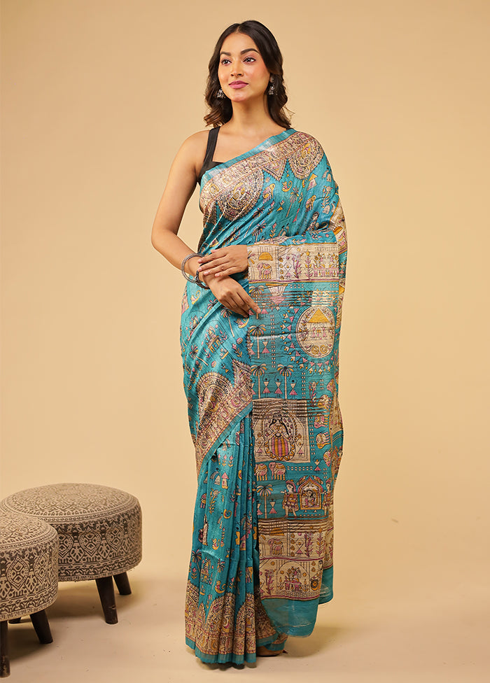 Blue Tussar Silk Saree With Blouse Piece