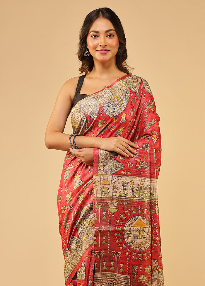 Pink Tussar Silk Saree With Blouse Piece