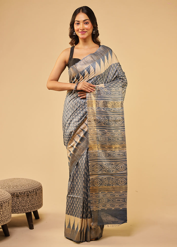 Blue Tussar Silk Saree With Blouse Piece