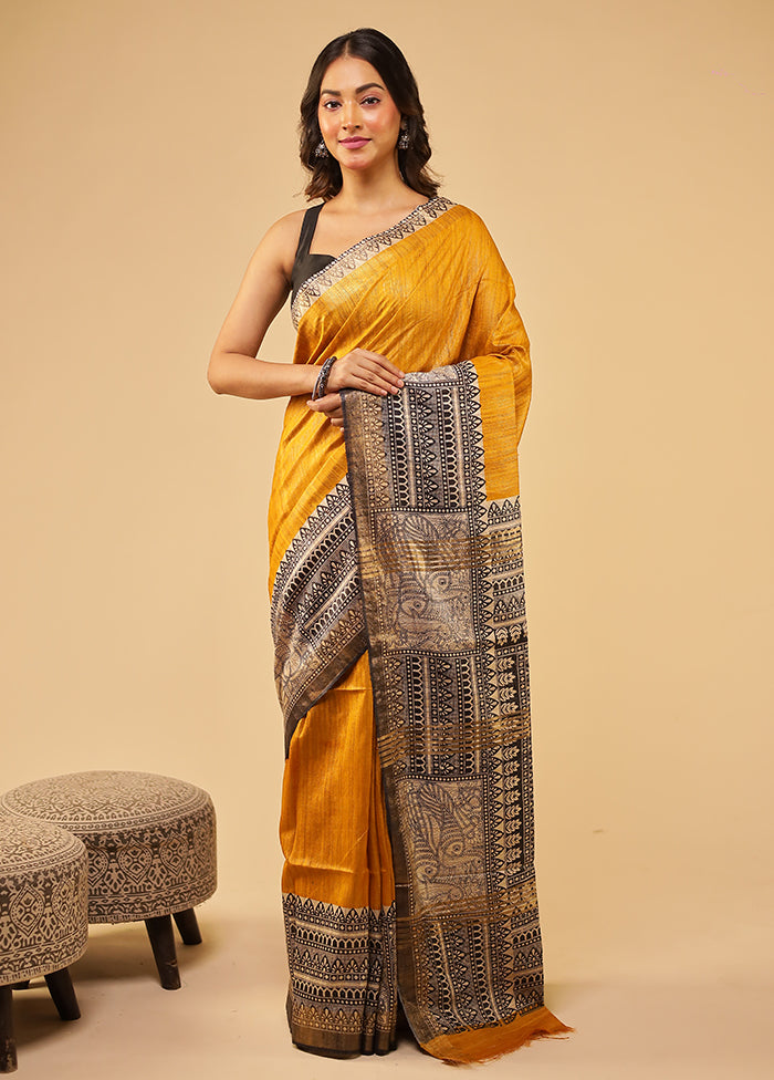 Yellow Tussar Silk Saree With Blouse Piece