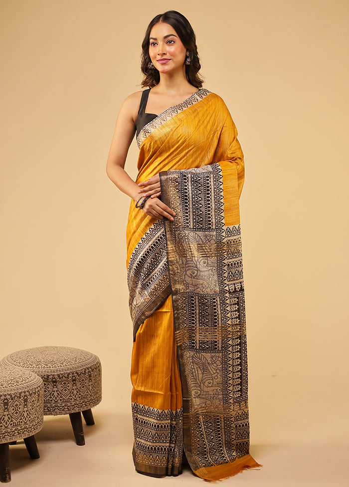 Yellow Tussar Silk Saree With Blouse Piece
