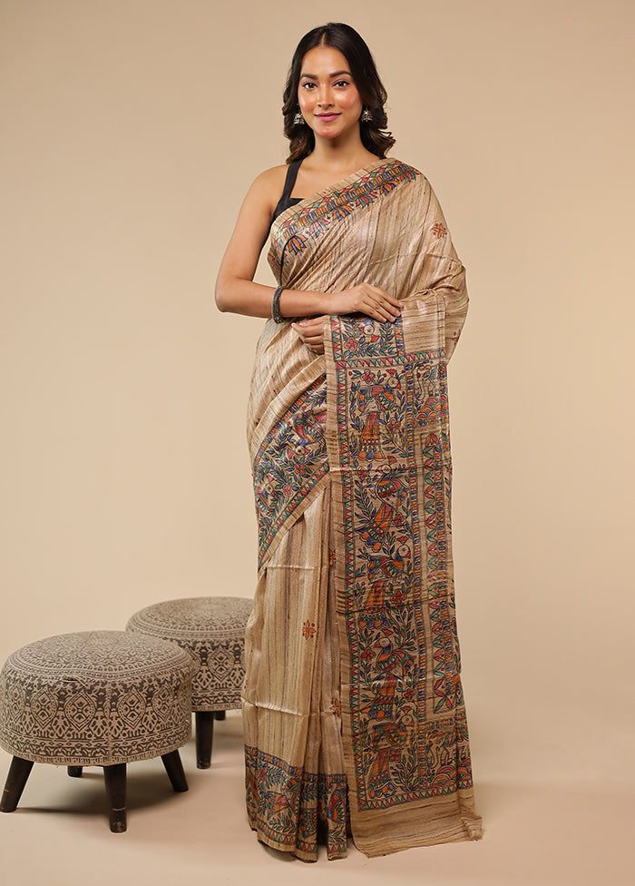 Cream Handloom Tussar Pure Silk Saree With Blouse Piece