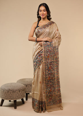 Cream Handloom Tussar Pure Silk Saree With Blouse Piece