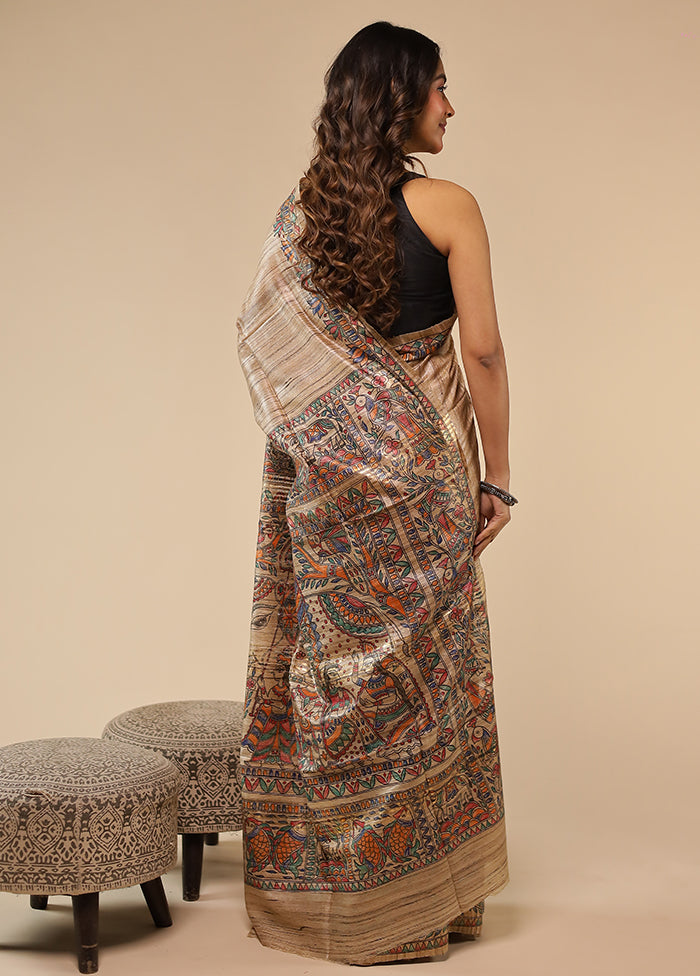 Cream Handloom Tussar Pure Silk Saree With Blouse Piece