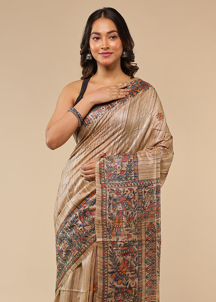 Cream Handloom Tussar Pure Silk Saree With Blouse Piece