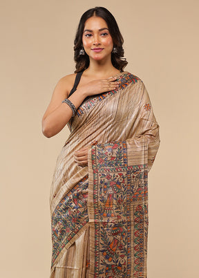 Cream Handloom Tussar Pure Silk Saree With Blouse Piece