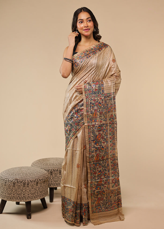 Cream Handloom Tussar Pure Silk Saree With Blouse Piece