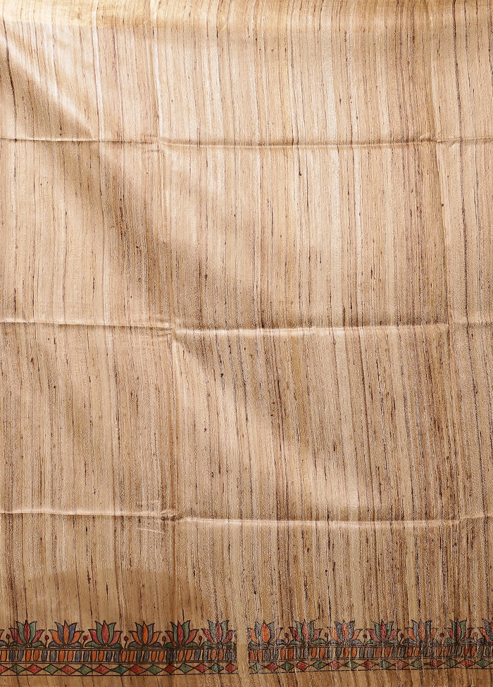 Cream Handloom Tussar Pure Silk Saree With Blouse Piece