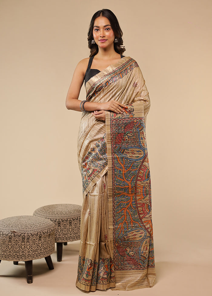Cream Handloom Tussar Pure Silk Saree With Blouse Piece