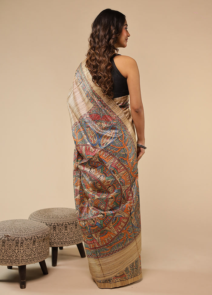 Cream Handloom Tussar Pure Silk Saree With Blouse Piece